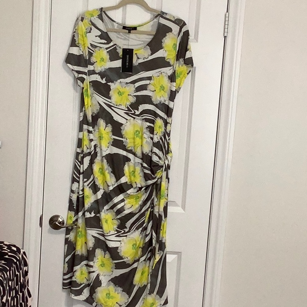 Lafayette 148 New York Yellow Black Midi Dress